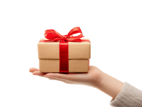 A hand tenderly offers a beautifully wrapped gift box adorned with a vibrant red ribbon