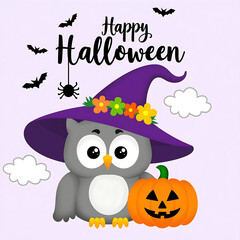 Cute owl wearing witch hat with pumpkin and bats halloween