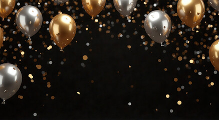 Metallic festive balloons and confetti falling against black background  