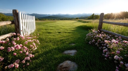 A tranquil pathway lined with blooming flowers leads towards expansive green fields and majestic mountains, symbolizing the essence of nature's beauty and serenity.