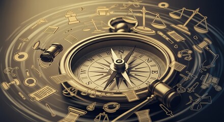 Obraz premium Golden compass surrounded by law-related sketches on a swirling backdrop, concept for legal services, arbitration guidance, and judicial consultations advice for lawyers and judges