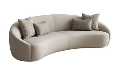 Elegant curved sofa with beige upholstery and soft cushions. Modern furniture design for living room interior.