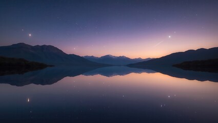 Stunning twilight landscape with tranquil lake reflecting colorful skies and distant mountains at dusk