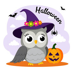 Cute owl wearing witch hat with pumpkin and spider