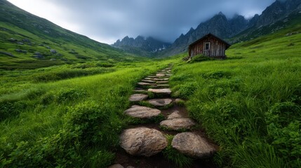 This picturesque mountain valley, featuring a rustic wooden cabin, presents a stunning view of nature's beauty, evoking feelings of adventure and peace.