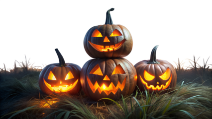 A group of carved halloween pumpkins glowing eerily in the dark, set against a natural outdoor background of grass and twilight isolated on transparent background