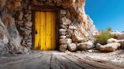 This image features a vibrant yellow door nestled within a rocky cave structure, showcasing a stark contrast between the natural stones and the colorful entrance.