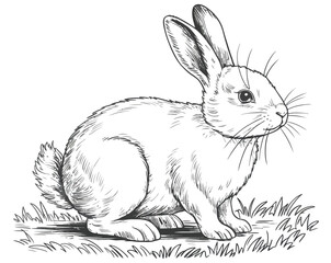 Detailed hand-drawn rabbit sitting on textured grass—black and white sketch with fine fur lines, upright ears, and gentle wildlife charm