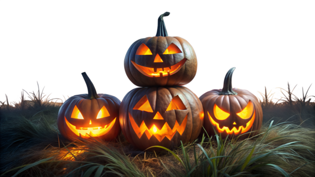 A group of carved halloween pumpkins glowing eerily in the dark, set against a natural outdoor background of grass and twilight isolated on transparent background