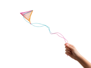 A child's hand grips the string of a colorful kite, soaring playfully in the breeze