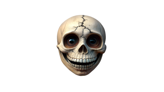 Cracked human skull with dark empty eye sockets and grinning teeth, isolated on transparent background