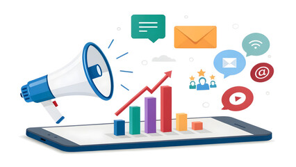 Digital marketing strategy with megaphone, chart, and social media icons for business