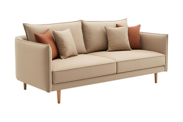 Modern beige fabric sofa with orange pillows. Comfortable living room furniture for home interior design.