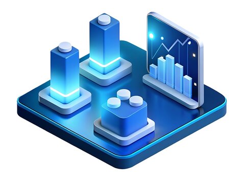 Futuristic isometric data servers and digital analytics graph on a blue platform