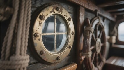 Close-up of a ship's porthole with wooden interior and ropes, showcasing nautical details.