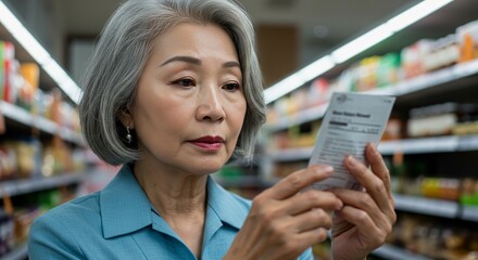 Senior Asian woman in supermarket checking receipt or shopping list, thoughtful elderly consumer, rising prices and budgeting concept