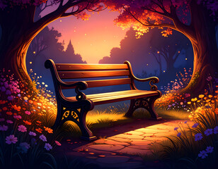 Solitary Bench Bathed in Twilight's Gentle Glow Among Flowers