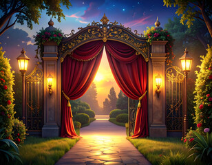 Velvet Gate Draped in Banners Sways Gently in the Breeze at Dusk