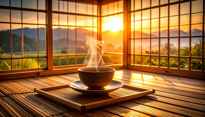 Serene Teacup with Steam on Bamboo Tray in Sunset Setting