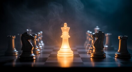  Glowing king chess piece on the board, concept of strategy, leadership, success, power, and winning move

