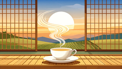 Porcelain Teacup on Bamboo Tray with Sunrise and Scenic Background
