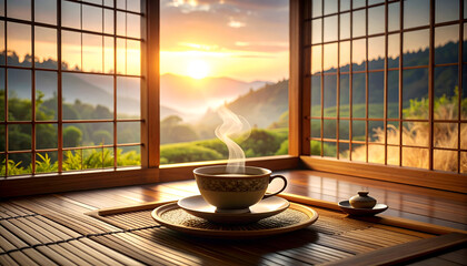 Serene Porcelain Teacup with Steam against Sunrise Landscape View