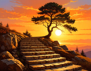 Stone Steps Leading to a Lone Pine Tree at Sunset Glow