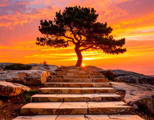 Serene Sunset Over Stone Steps Ascending to a Lone Pine Tree