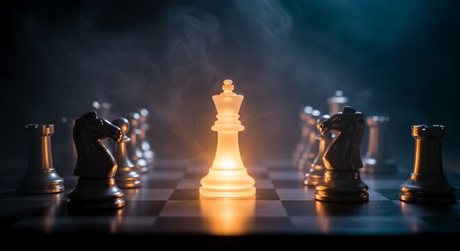  Glowing king chess piece on the board, concept of strategy, leadership, success, power, and winning move

