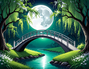 Silver Footbridge Over Jade Stream Under Moonlit Sky
