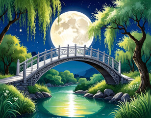 Serene Silver Footbridge Over Jade Stream Under Moonlit Night Sky
