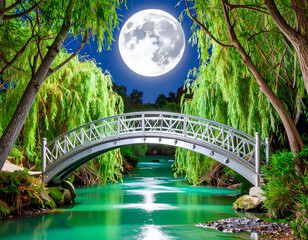 Silver Footbridge Over Jade Stream Under Full Moonlight
