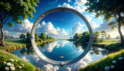 Serene Silver Mirror in Tranquil Pond Reflecting Drifting Clouds