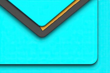 Layered, bright cyan and dark gray envelope graphic design, with a subtle gold/tan layer