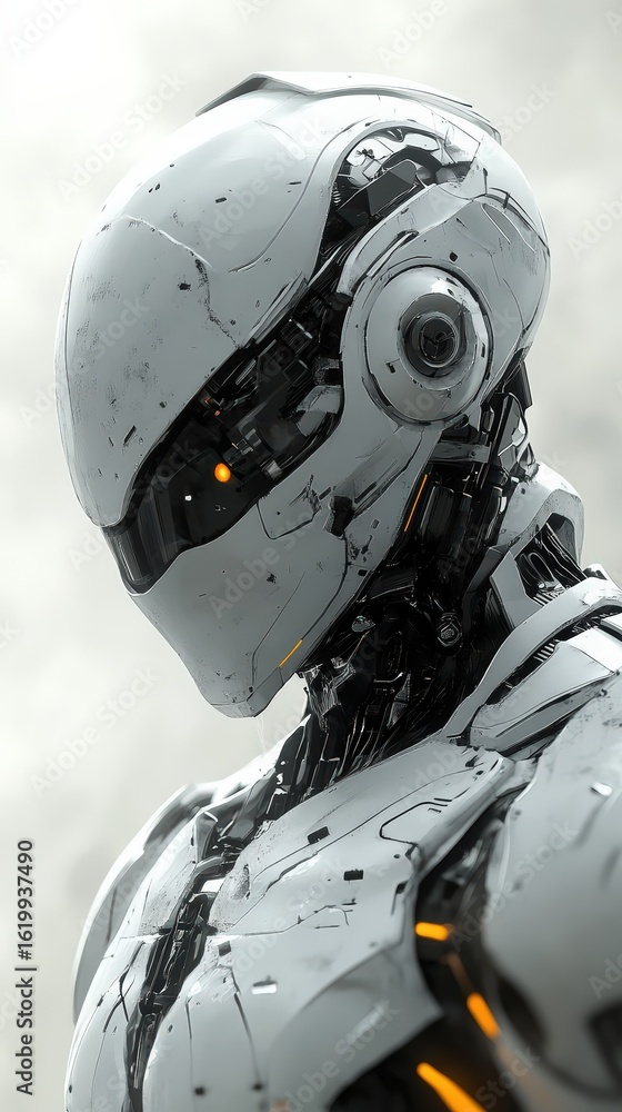 Poster futuristic android portrait displaying sleek metallic design and contemplative posture