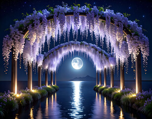 Silver Arbor of Wisteria Vines Under Moonlit Sky and Water Reflection