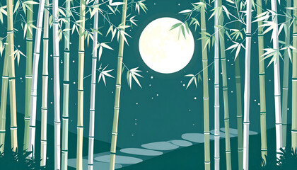 Silver Canopy of Bamboo Stalks Filtering Soft Moonlight at Night