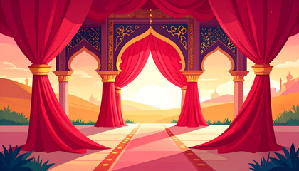 Crimson Drapery Welcomes Dawn in Silken Vestibule Entrance