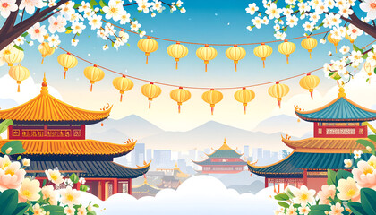 Vibrant Silk Banners Fluttering Above Temple Eaves in Spring Bloom