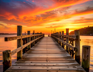 Rustic Wharf at Sunset with Amber Sky and Driftwood Beams
