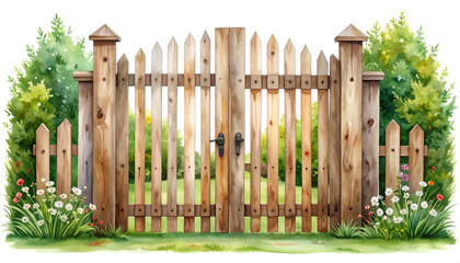 Fototapeta premium Rustic Wooden Gate Surrounded by Lush Greenery and Flowers