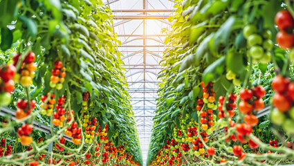 Tomatoes growing in a modern greenhouse. Industrial agriculture and food production. Farm harvest concept.