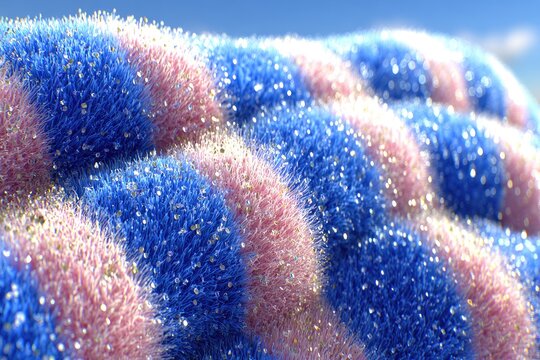 Close-up of textured, fluffy fabric in pink and blue, covered in tiny gold glitter