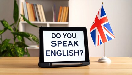 Tablet screen displays the phrase "DO YOU SPEAK ENGLISH?" in bold text, placed beside a small standing British flag on a desk. Language learning concept
