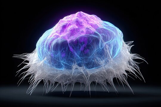 Microscopic cell, vibrant purple/blue glow,  complex structure