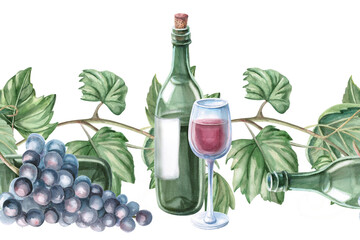 Seamless border with grapevine and bottle of wine. Isolated watercolor illustration for decorating kitchen textiles, tableware, interior design, printing on posters for harvest festival, Wine Day.