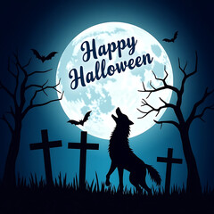 Silhouette wolf howling at full moon with bats and graves