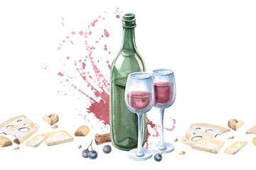 Seamless border with wine bottle, cheese and splashes. Isolated watercolor illustration for textile design for kitchen, tableware, interior, printing on posters for harvest festival, Wine Day.