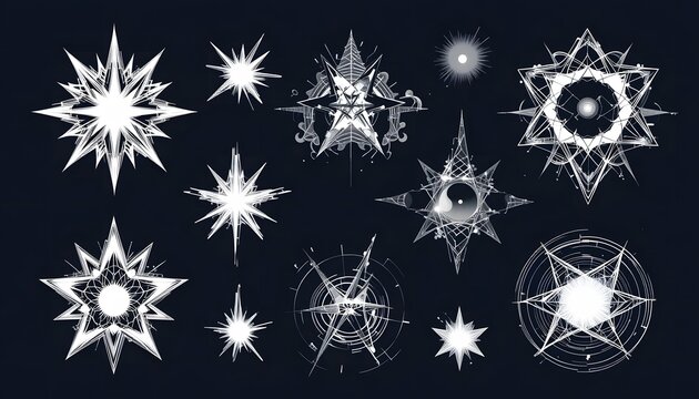 Collection of Mystical White Starburst and Geometric Designs; Dark Background; Abstract, Spiritual, Celestial Theme.