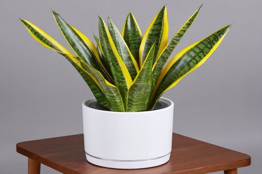 Vibrant snake plant in white pot on wooden table